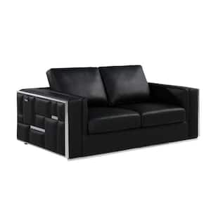 73 in. Black Solid Leather 2-Seater Loveseat