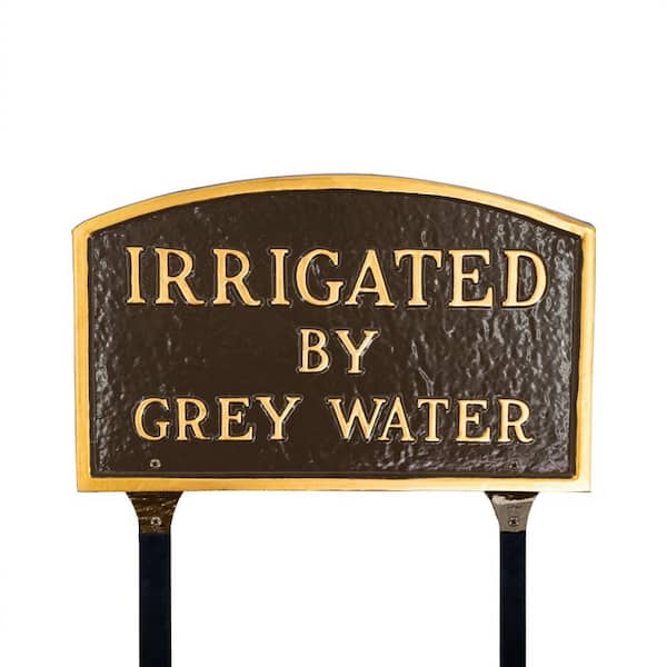 Montague Metal Products 13 in. x 21 in. Large Arch Irrigated by Grey Water Statement Plaque Sign with Lawn Stakes - Oil Rubbed/Gold