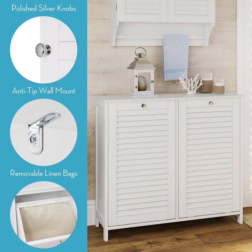 White MDF Double Tilt-Out Laundry Hamper Cabinet with Cloth Bags