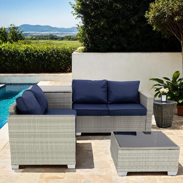 fiziti 4-Piece Patio Wicker Sectional Sofa Set with Dark Blue Cushions, Storage Box and Glass Coffee Table