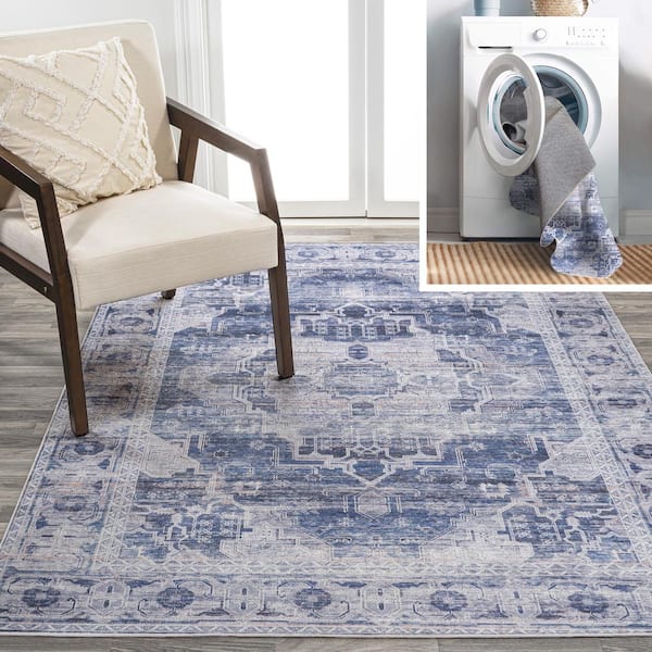 Alanya Ornate Navy/Cream 8 ft. x 10 ft. Medallion Machine Washable Indoor Area Rug