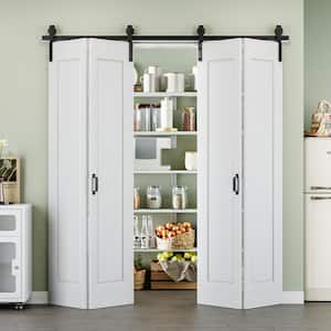 72 in. x 84 in. Paneled 1-Lite White Primed MDF Composite Bi-fold Sliding Barn Door with Hardware Kit and Handle