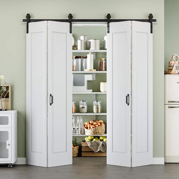72 in. x 84 in. Paneled 1-Lite White Primed MDF Composite Bi-fold Sliding Barn Door with Hardware Kit and Handle