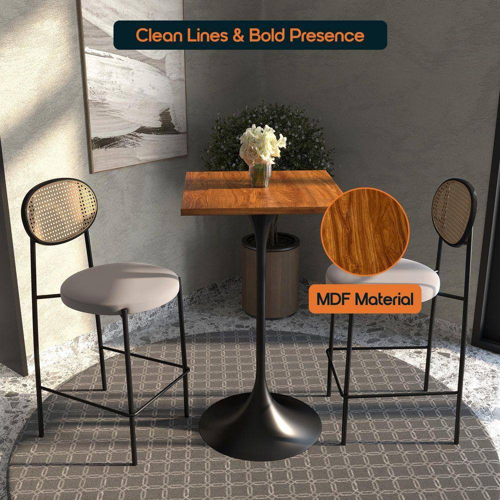 Square dining table with bar stools, showing MDF material detail.