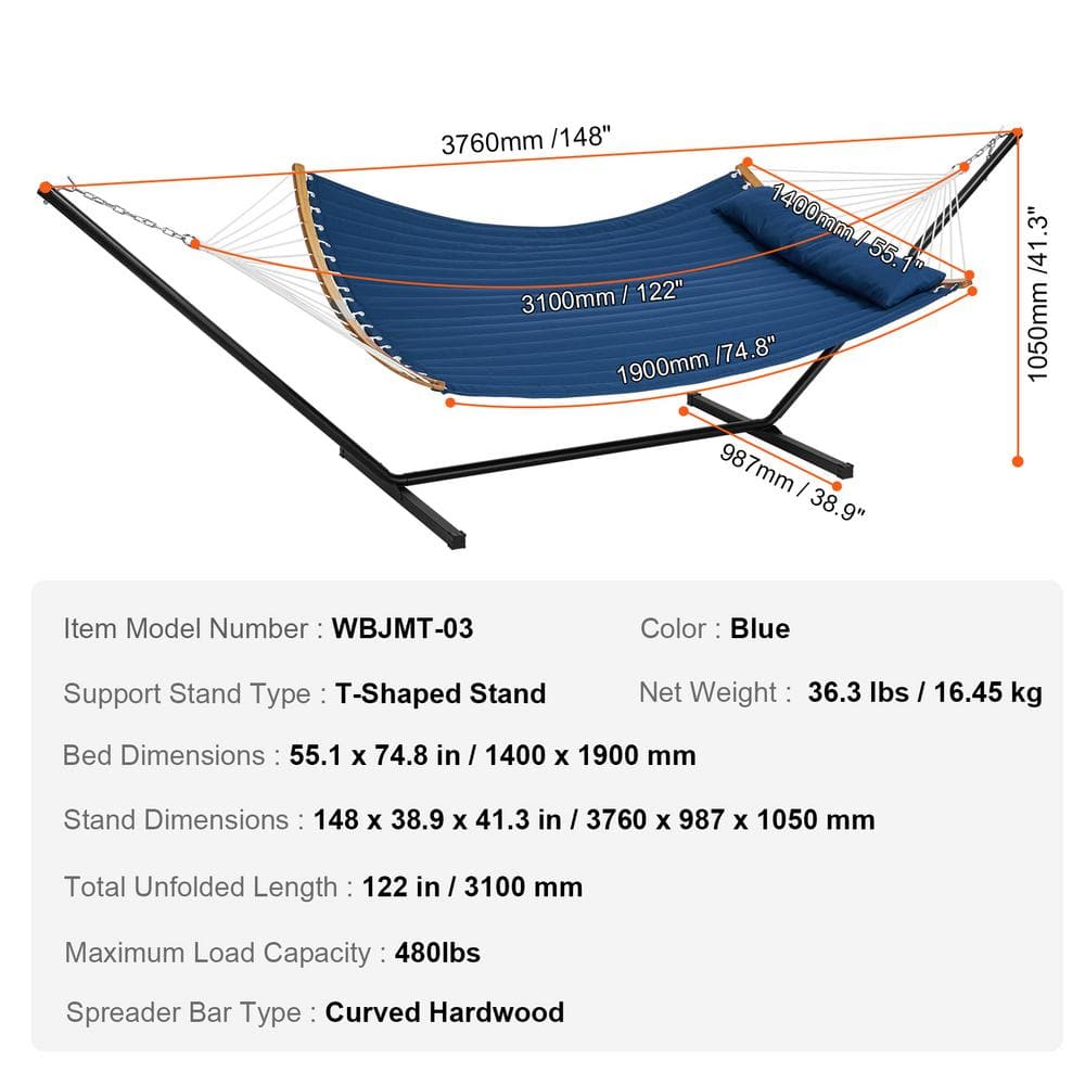 Blue Quilted Fabric Double Hammock with Stand and Pillow