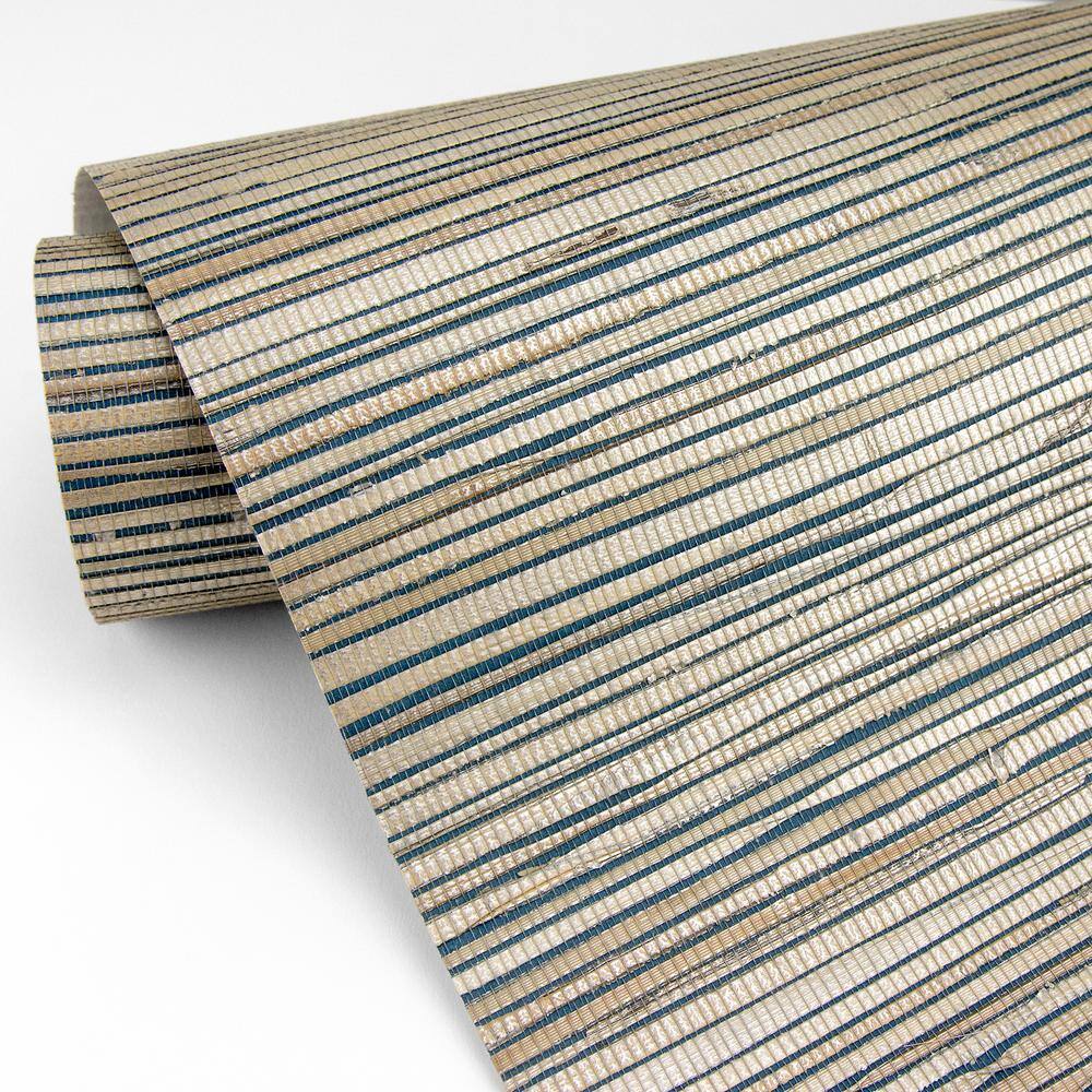 Champagne and Teal Striped Grasscloth Wallpaper Roll