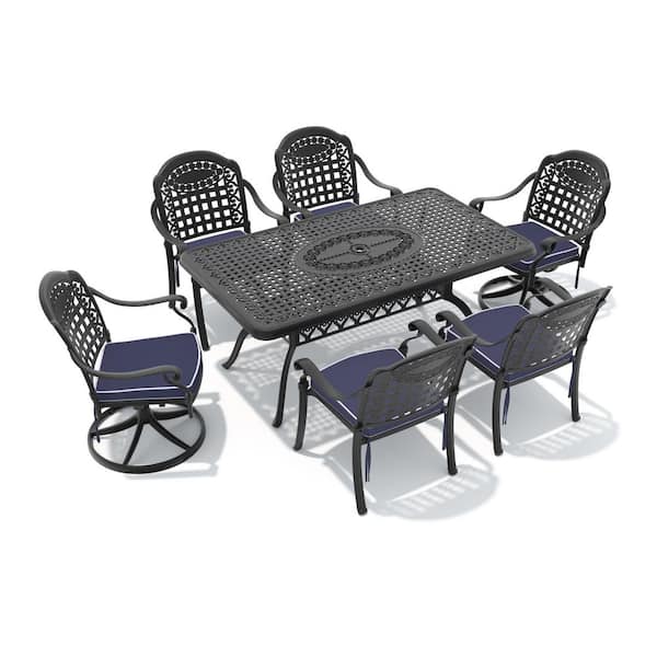7-Piece Black Cast Aluminum Patio Outdoor Dining Set with Rectangular Table and 6 Swivel Dining Chairs, Blue Cushions