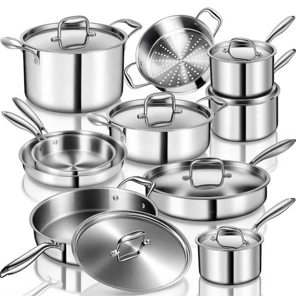 17-Piece 3 Ply Stainless Steel Pot Pan Set, Induction Safe Non-Toxic Cookware Oven Dishwasher Compatible