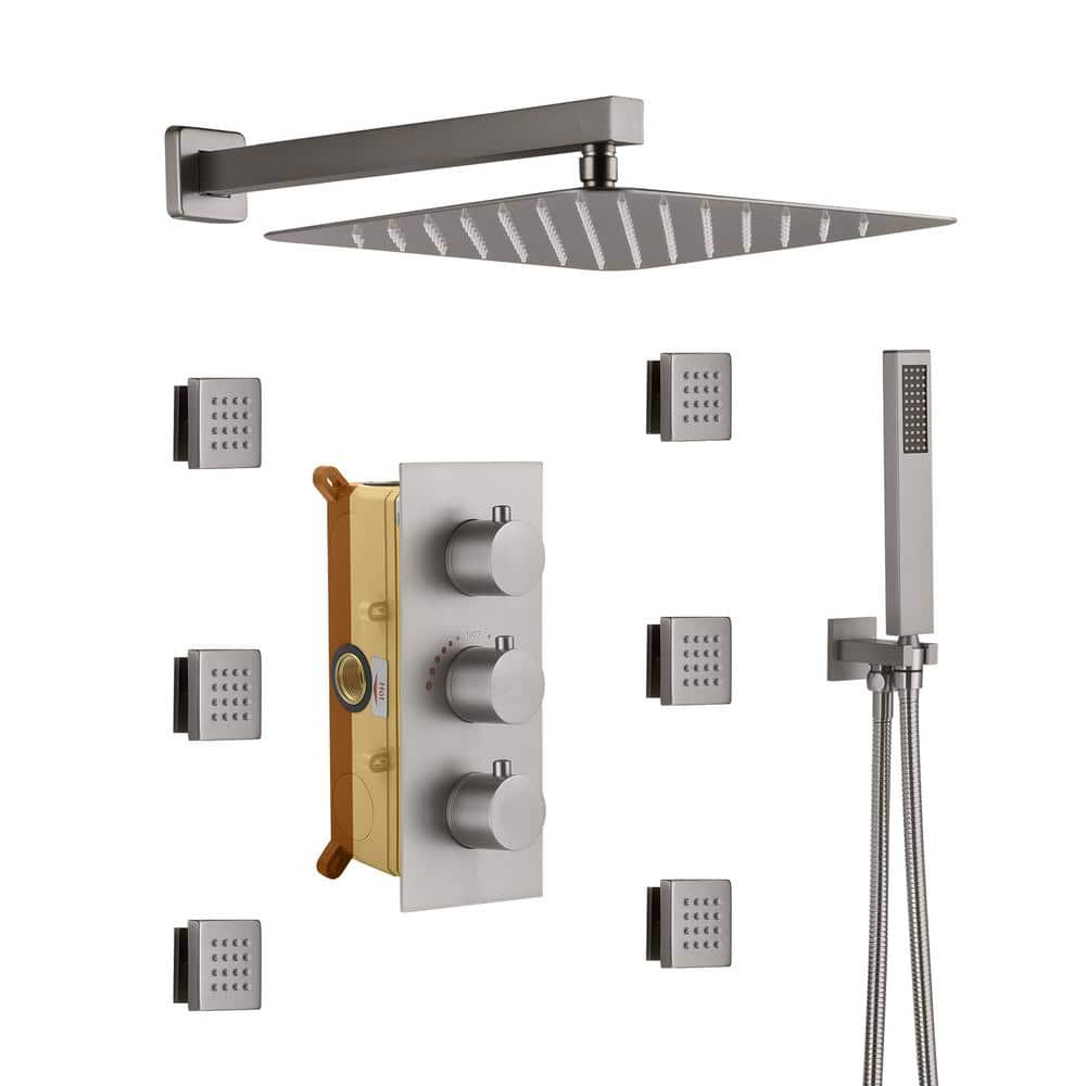 CASAINC 1-Spray Patterns with 2.5 GPM 12 in. Wall Mount Dual Shower Heads with Body Sprays in Brushed Nickel