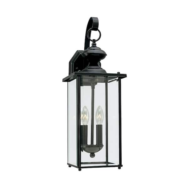 Generation Lighting Jamestown 7 in. W 2-Light Black Outdoor Traditional Wall Lantern Sconce with Clear Beveled Glass