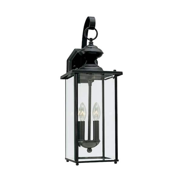 Jamestown 7 in. W 2-Light Black Outdoor Traditional Wall Lantern Sconce with Clear Beveled Glass