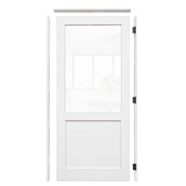 36 in. x 80 in. 1/2-Lite Clear Glass Left-Handed White Solid Core Wood Ready to Assemble Prehung Door with Weatherseal
