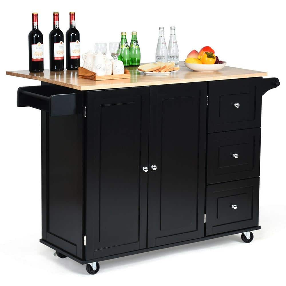 Gymax 44in Drop-Leaf Kitchen Island Trolley Cart Wood Storage Cabinet w ...