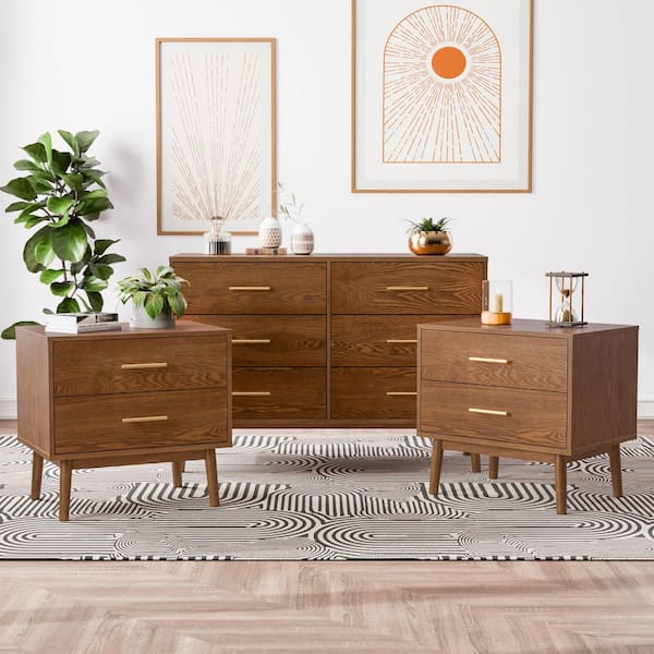 Riverstone 3-Piece Walnut 2-Drawer 23 in. W Nightstand and Dresser With Anti-Tip Interlock System Set of 2