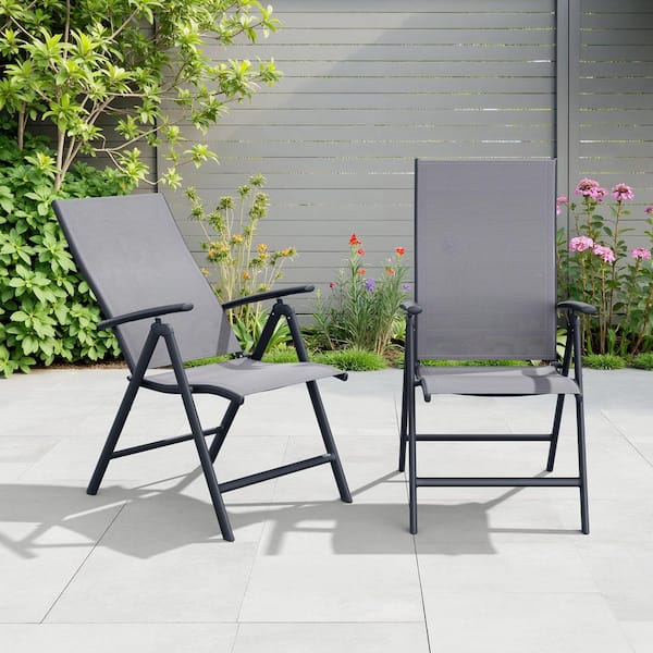 Metal Foldable Adjustable Back Outdoor Dining Chair in Gray (2-Pack)