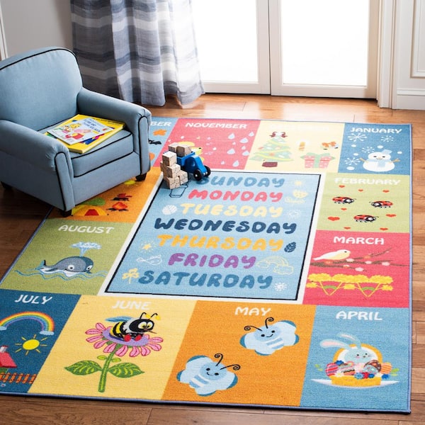 Kids Playhouse Blue/Green 8 ft. x 10 ft. Machine Washable Border Novelty Area Rug