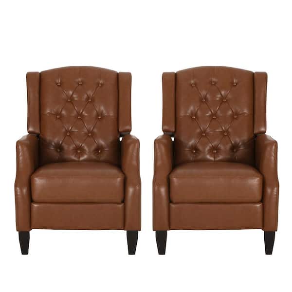 Noble House Steinaker Cognac Brown Faux Leather Tufted Pushback Recliners (Set of 2)