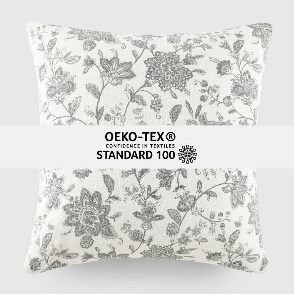 Gray Floral Cotton Square Throw Pillow Set