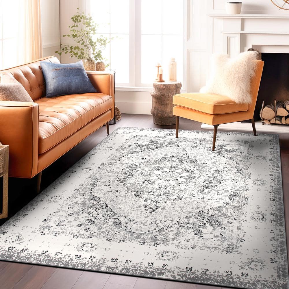 Gray and White Synthetic Medallion 10x14 Area Rug