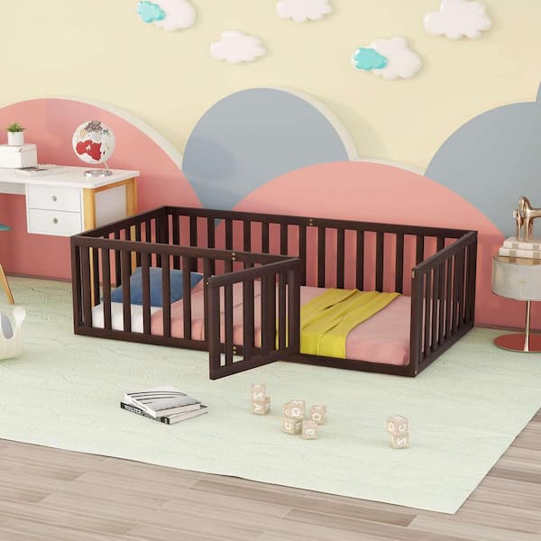 Walnut Wood Frame Twin Size Platform Bed with Fence and Door