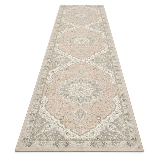 2'x8' Washable Non Slip Runner Rug, Low Pile Vintage Carpet, Pink Gray
