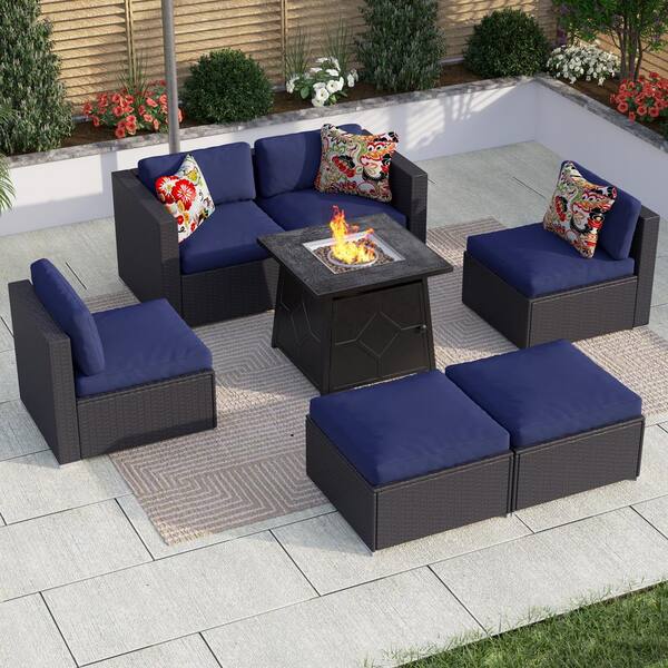 PHI VILLA Black Rattan Wicker 6 Seat 7-Piece Steel Outdoor Fire Pit ...