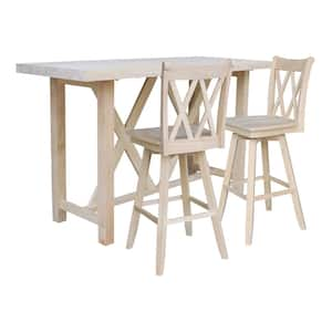 3-Piece Set -72 in. Solid Wood Unfinished Bar Table with 2-Bar Stools