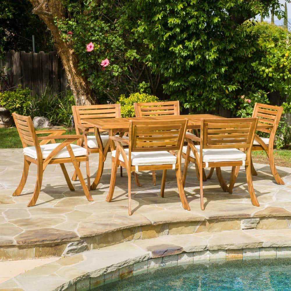 Noble House Hermosa Teak 7-Piece Wood Rectangular Outdoor Dining Set with Cream Cushions -  9495