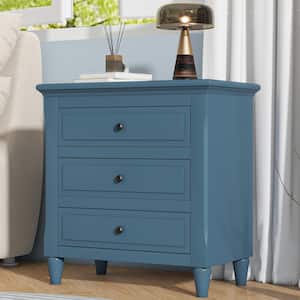Blue 3-Drawer Nightstand Storage Wood Cabinet with Metal Handle and Smooth Gliding Rails