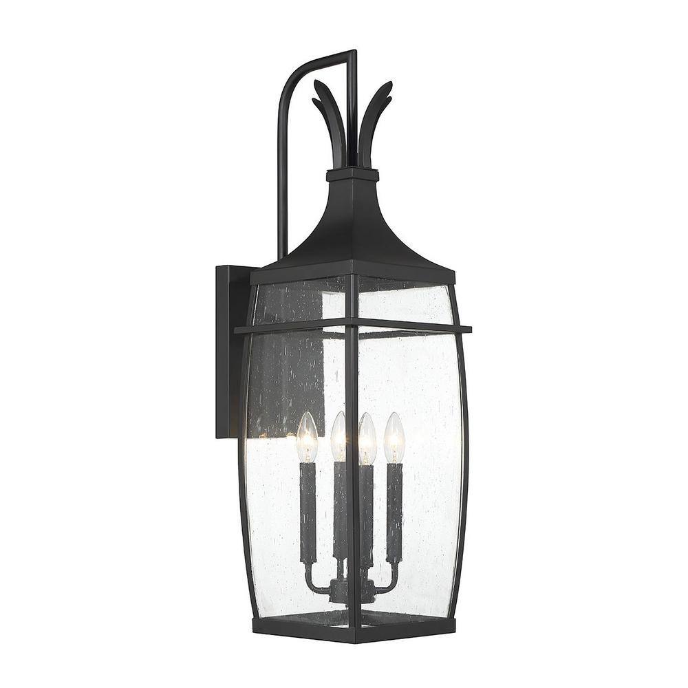 Matte Black 4-Light Outdoor Wall Lantern with Clear Seeded Glass