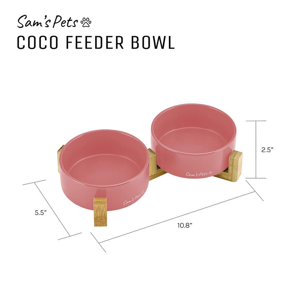 Pink Ceramic Dual Pet Bowl with Wooden Stand