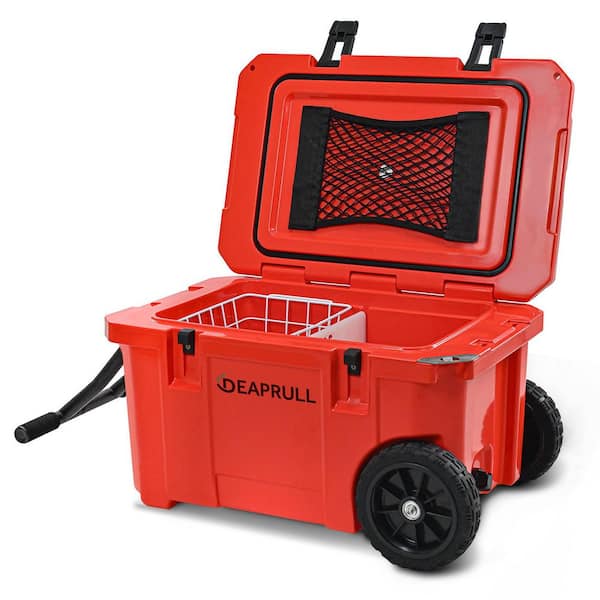 Red 55 qt. Portable Chest Cooler, Leak-Proof Outdoor Insulated Cooler with Handle and Wheels, Bottle Opener