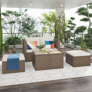 6-Piece Wicker Outdoor Sectional Sofa Set with Beige Cushions