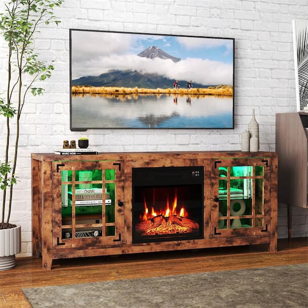 58 in. Fireplace TV Stand with LED Lights and 18 in. Electric Fireplace, Remote Controls in Rustic Brown