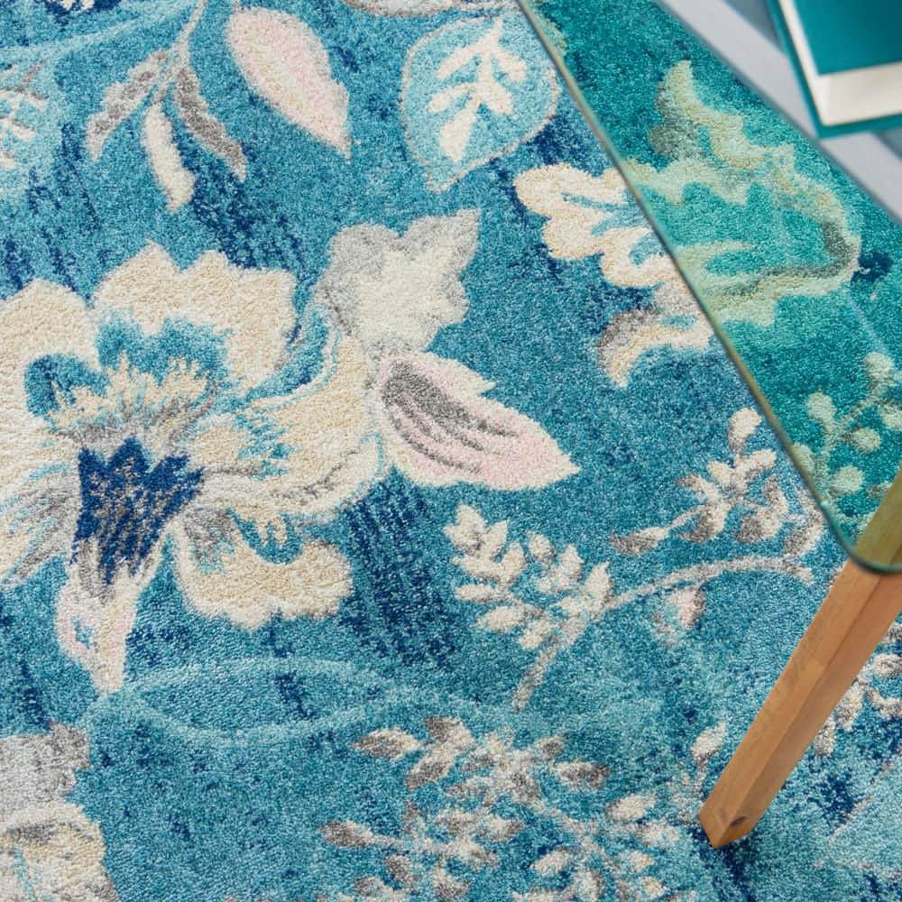 Turquoise Floral Synthetic Rectangular 5' x 7' Area Rug