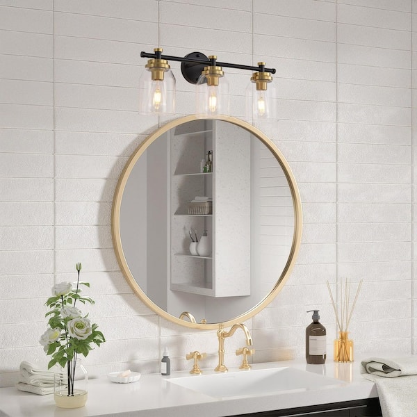 17 Stories 3-Light Black and Gold Bathroom Vanity Light with Clear Glass Shades 17 Stories 3-Light Black and Gold Bathroom Vanity Light with Clear Glass Shades