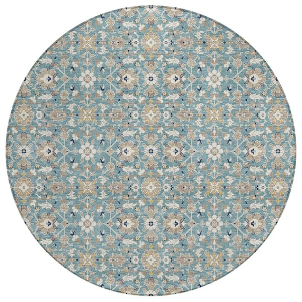 Chantille Machine Washable Indoor/Outdoor Abstract ACN3046 Teal 8 ft. x 8 ft. Round Rug