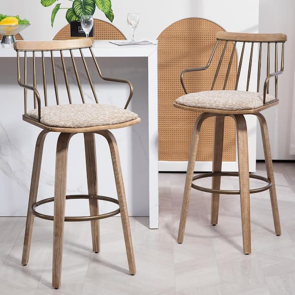 Glamour Home Beatrice 30in. Brown and White Wood Bar Stool with Woven Fabric Seat 1 (Set of Included)
