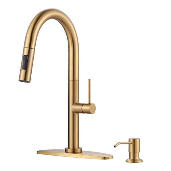 ARCORA Stainless Steel Single Handle Pull-Down Sprayer Kitchen Faucet Set with Soap Dispenser in Brushed Gold