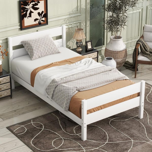 White Wood Frame Twin Size Platform Bed with Headboard and Footboard