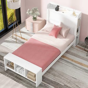 White Wood Frame Twin Size Platform Bed with Storage Headboard and Footboard, Shelves, LED Light, USB Ports