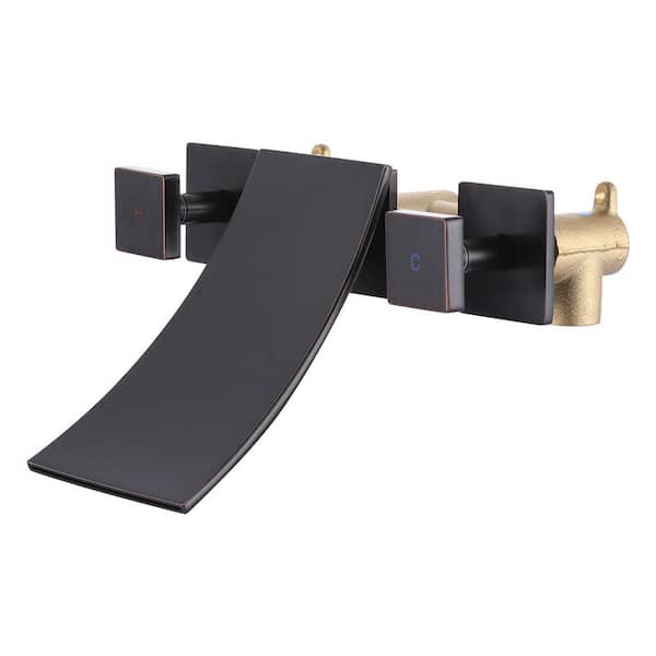Double-Handle Wall-Mount Roman Tub Faucet with Waterfall Spout in Oil Rubbed Bronze