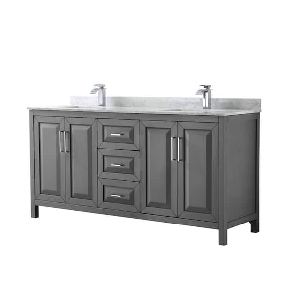 Wyndham Collection Daria 72 in. Double Bathroom Vanity in Dark Gray with Marble Vanity Top in Carrara White with White Basin