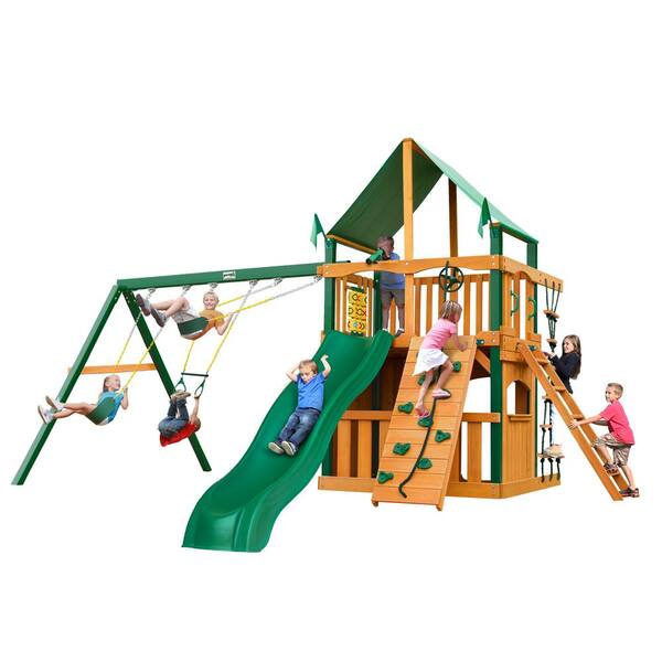 Gorilla Playsets Chateau Clubhouse Wooden Swing Set with Timber Shield Posts, Green Vinyl Canopy and Rock Wall