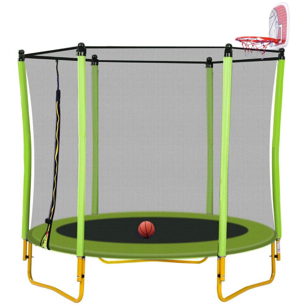 65 in. Kids Outdoor and Indoor Minimum Toddler Trampoline with Enclosure, Basketball Hoop and Ball in Green