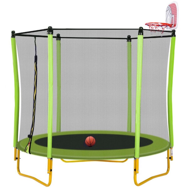 Zeus & Ruta 65 in. Kids Outdoor and Indoor Minimum Toddler Trampoline with Enclosure, Basketball Hoop and Ball in Green