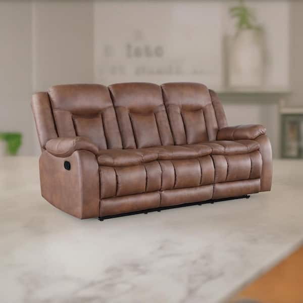 Benjara Olaf Saddle Brown Faux Leather Glider Recliner Dual Manual Sofa