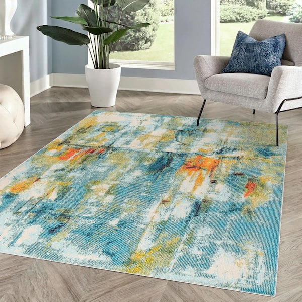 Contemporary Pop Modern Abstract Waterfall Blue/Cream 5 ft. x 8 ft. Area Rug