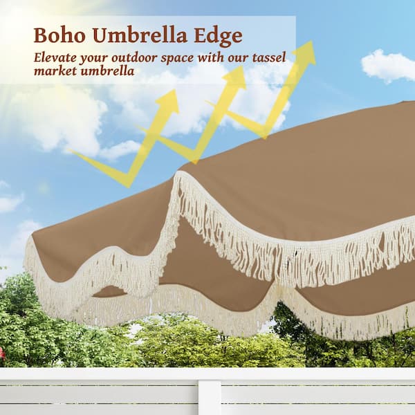 9 ft. Tassel Market Patio Umbrella with Full Fiberglass Rib in Tan