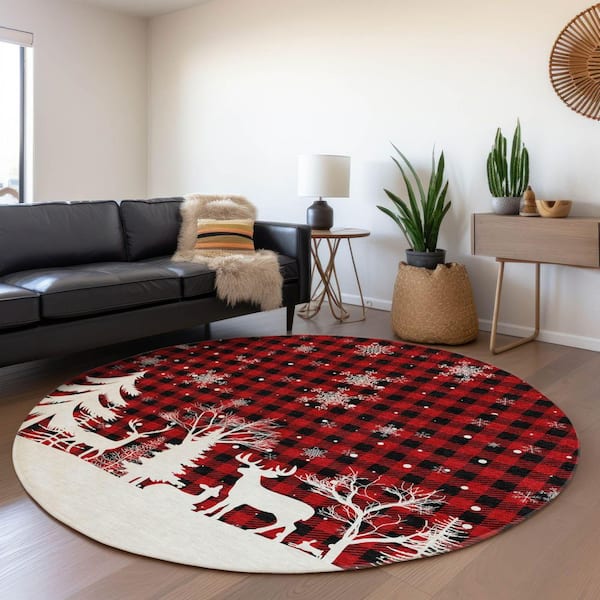 Chantille Machine Washable Indoor/Outdoor Abstract ACN1824 Red 8 ft. x 8 ft. Round Rug